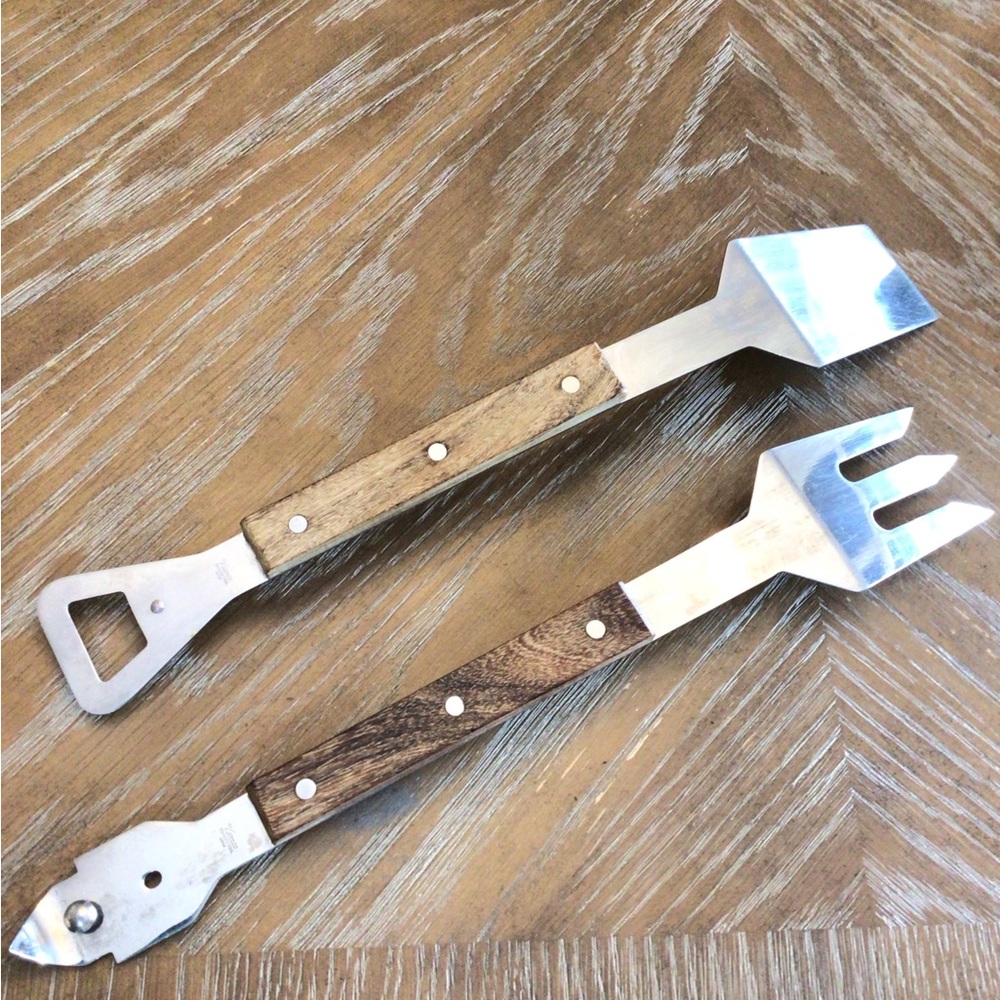 Vintage Vernco BBQ Tool Set Japan Stainless Steel Wood Handle Spatula Fork